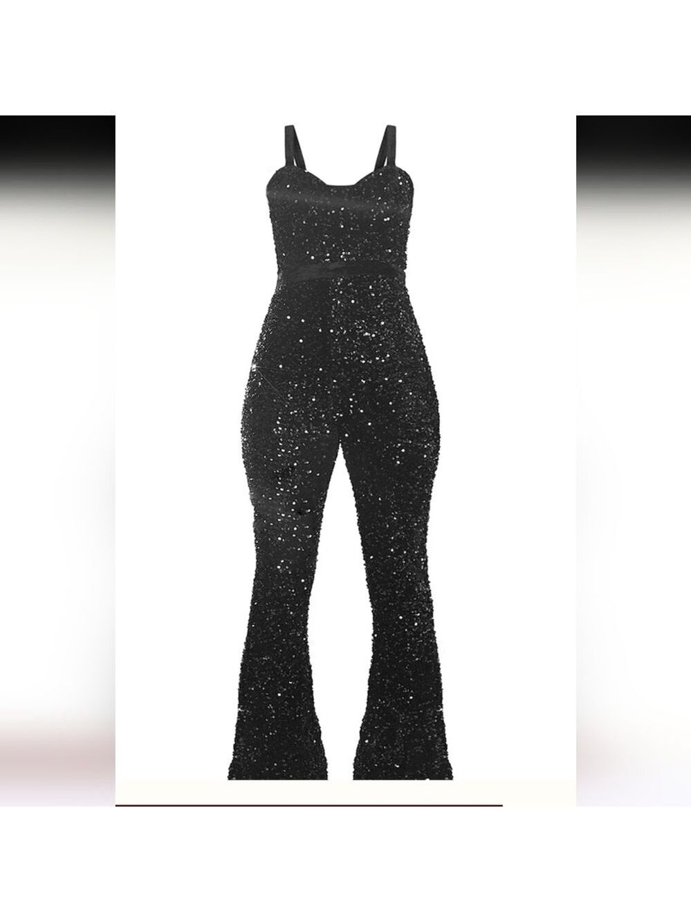 Prettylittlething Black Velvet Sequin Flare Waistband Strappy  Jumpsuit